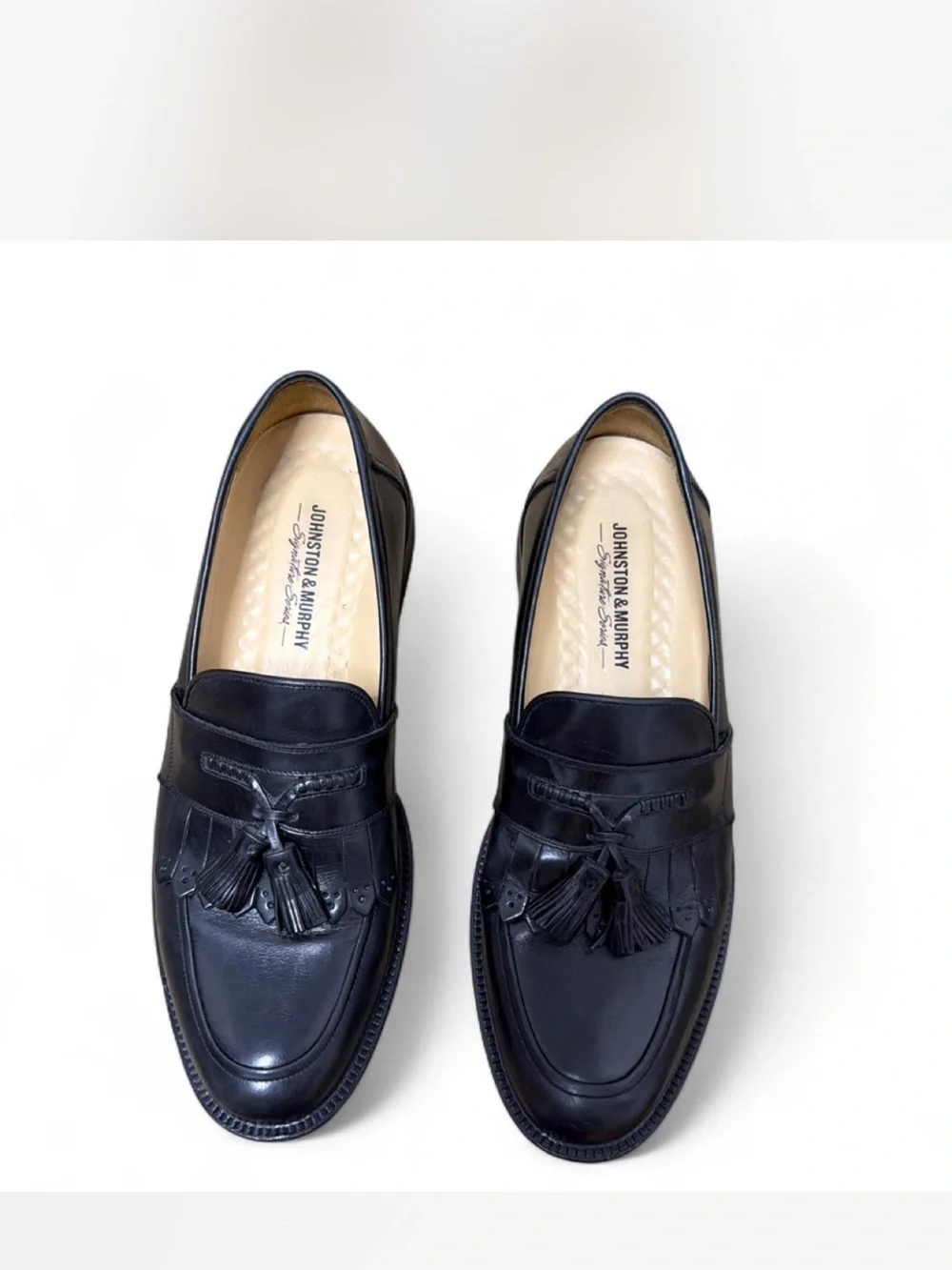 Johnston & Murphy Black Leather Tassel Penny Loafers Sz 9M made in Italy